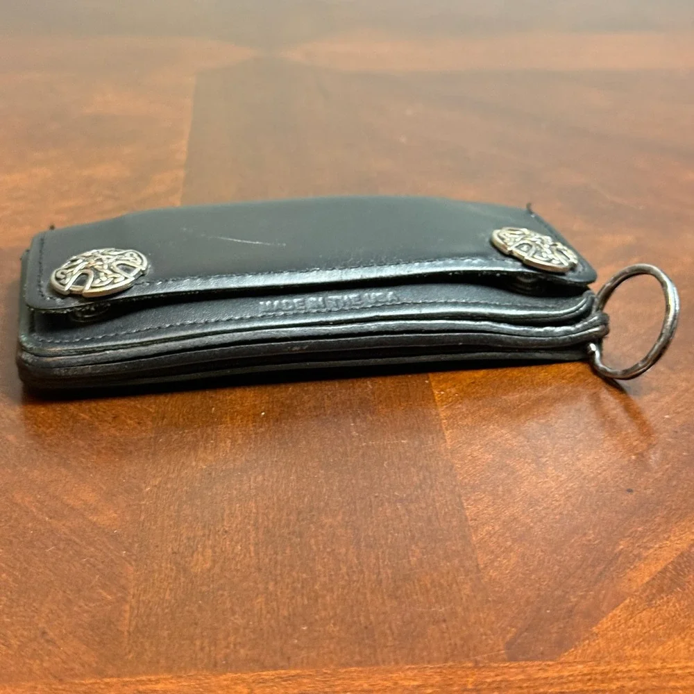 Mens Black Genuine Leather Biker Wallet Celtic Knot Conchos Made in USA